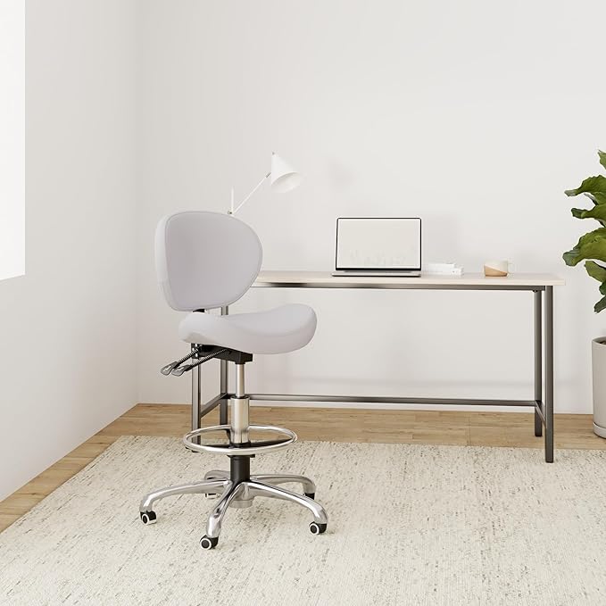 Kaleurrier Adjustable Height Drafting Stool Drafting Chair with Backrest & Foot Rest,Swivel Rolling Stools,for Work Studio,Dental,Office,Salon and Counter,Tall Home Desk Chairs (White)