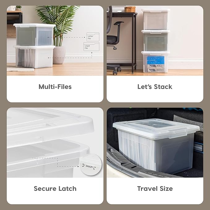 IRIS USA File Box, Plastic File Organizer with Lids for Letter/Legal File, Portable Document Box For Moving, Storage Bin with Durable and Secure Lid, Stackable Nestable BPA-Free, Pearl 35 Qt. 4 Pack