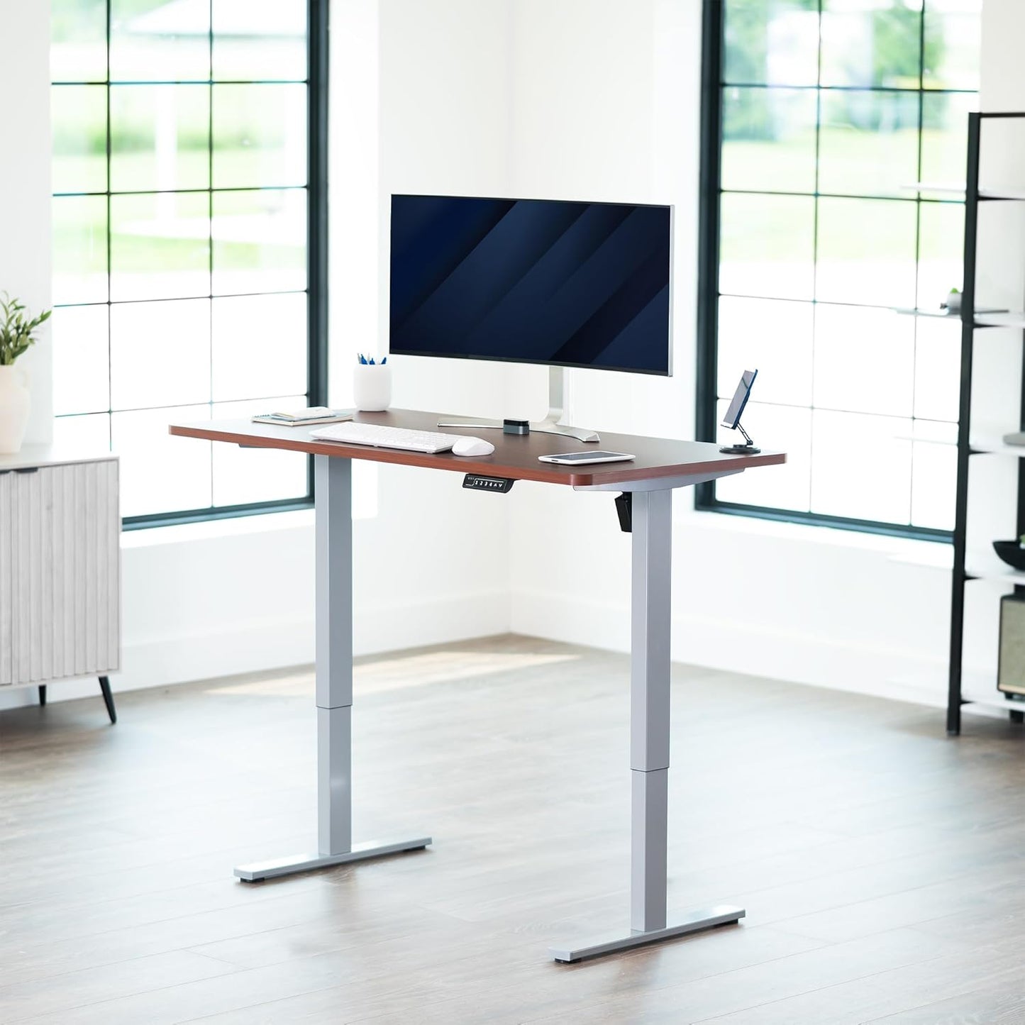 VIVO Electric 55 x 28 in Standing Desk, Memory Height Adjustment, 1B Series, One-Piece Dark Walnut Top, Gray Frame, DESK-KIT-1G55D