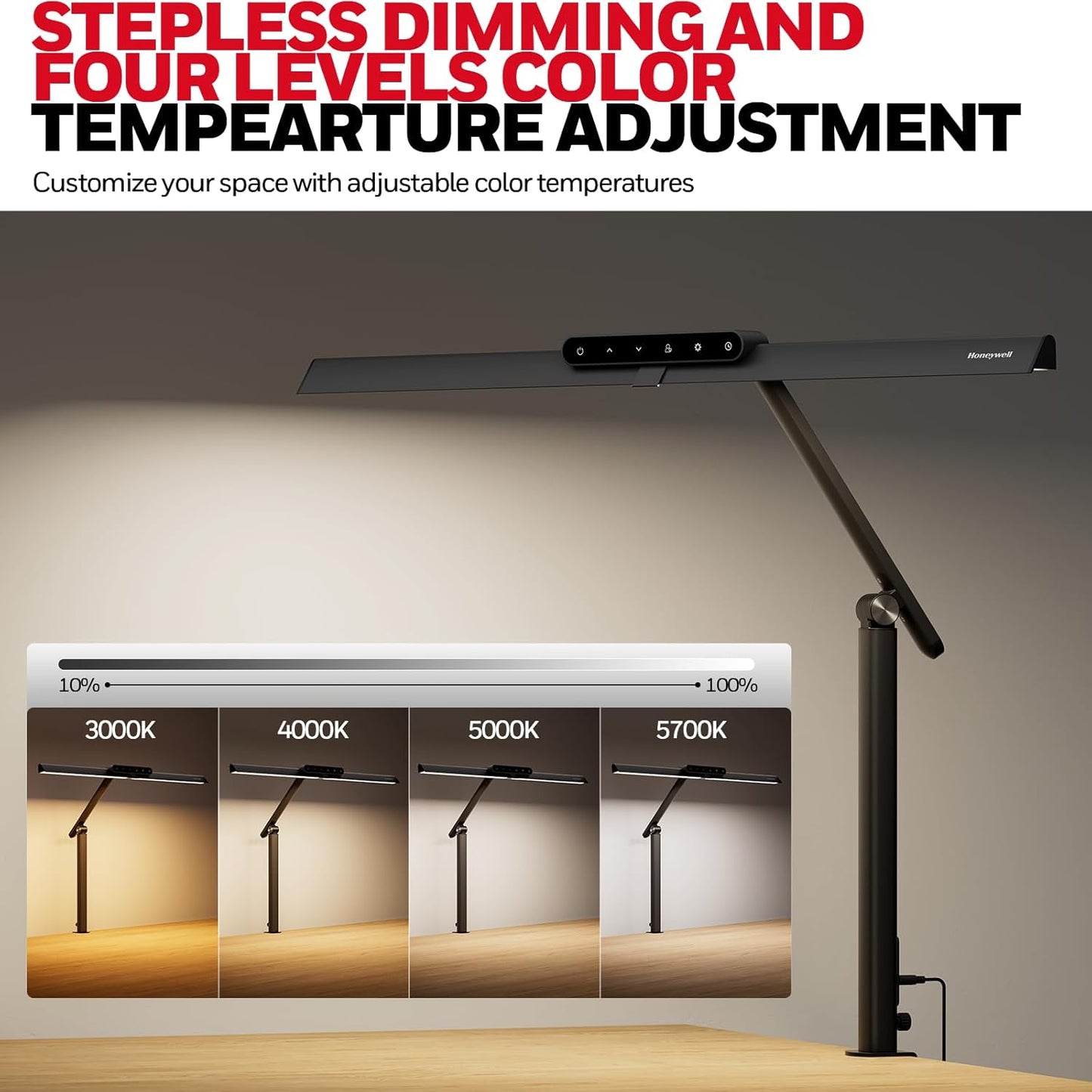 Honeywell LED Desk Lamp with Clamp - HJ1 Sunturalux Eye-Caring Clip on Lights for Home Office, 1200LM Clamp Lamp 4 Color Modes Stepless Dimming Task Desk Light for Working Black