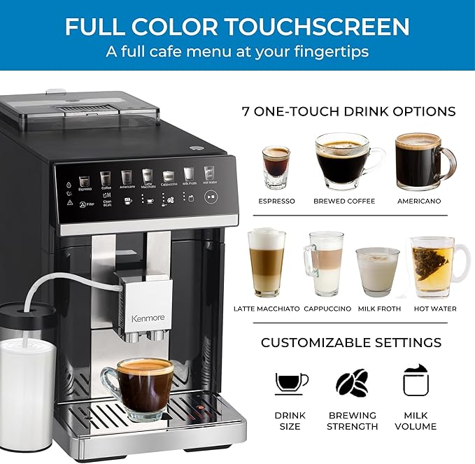 Koolatron Kenmore Espresso Machine – All-In-One Fully Automatic Coffee Maker with Auto Tamper, Descaler, Milk Steamer & Frother, Bean Grinder, Professional Barista Style Cappuccino, Cafe Latte, Black