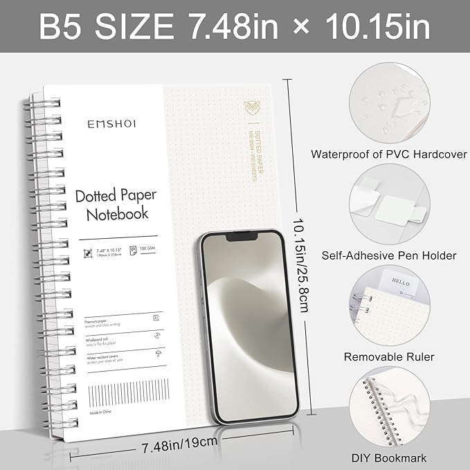 EMSHOI Spiral Notebook B5 Bullet Dotted Journal, Dotted Grid Notebook with 300 Pages, 100gsm Thick Paper, 7.48" × 10.15", Waterproof Softcover Notebook for School Work Writing - Transparent