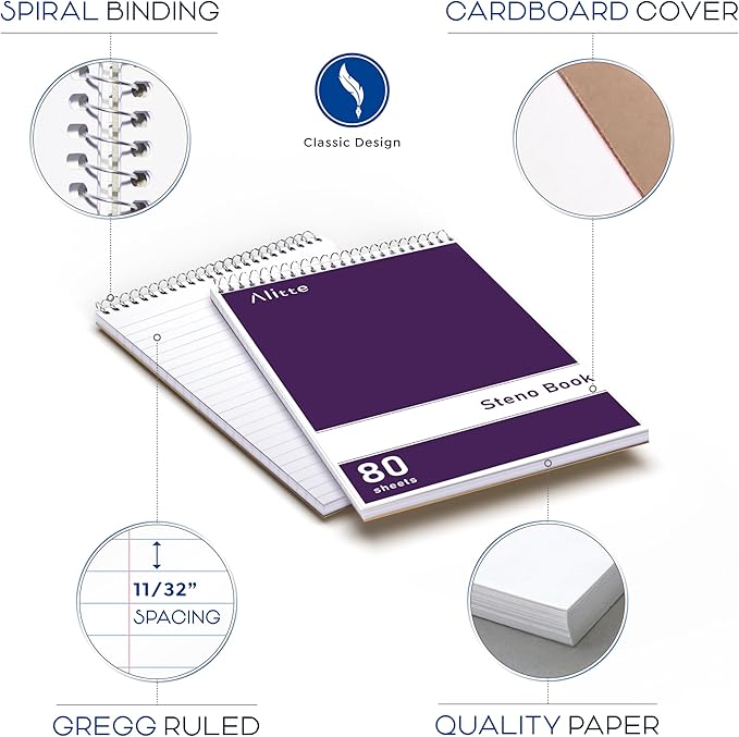 Steno Pads Spiral 6x9-12 Pack Assorted Bright Colors - Perfect for Work, School, and Home Use, Easy Tear-Off Pages, Gregg ruled, White Paper - No Ink Bleeds - 80 Sheets