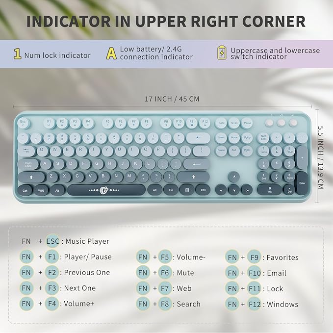 Wireless Keyboard and Mouse Combo, 2.4 GHz Wireless Full-Sized Typewriter Keyboard with Round Keycaps for Windows, Computer, Desktop, PC, Laptop (Light Blue)