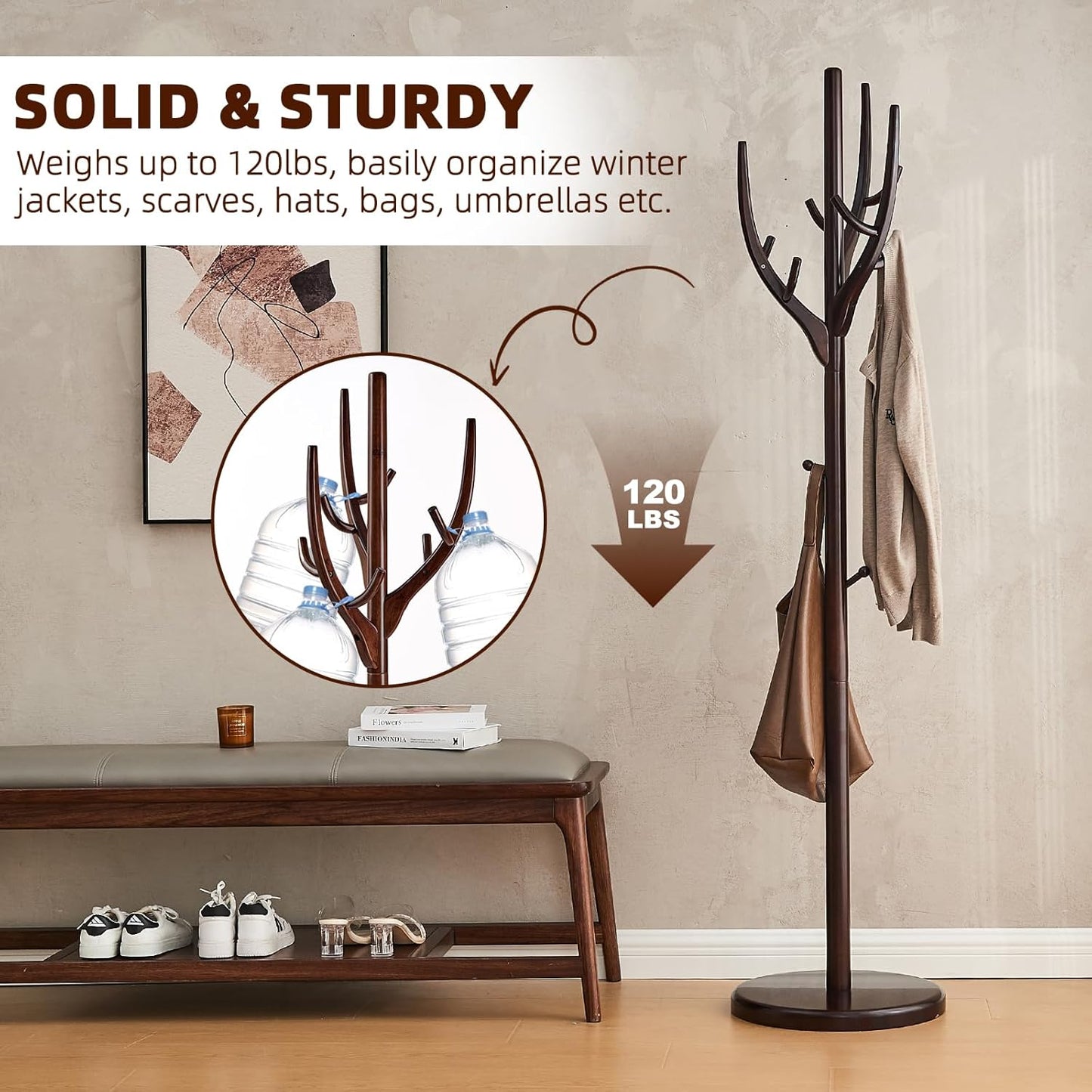 Uniclinens Coat Rack Freestanding Solid Wood Coat Tree Standing with 12 Hooks, Coat Rack Stand Creative Tree Branch-look (Dark Walnut)