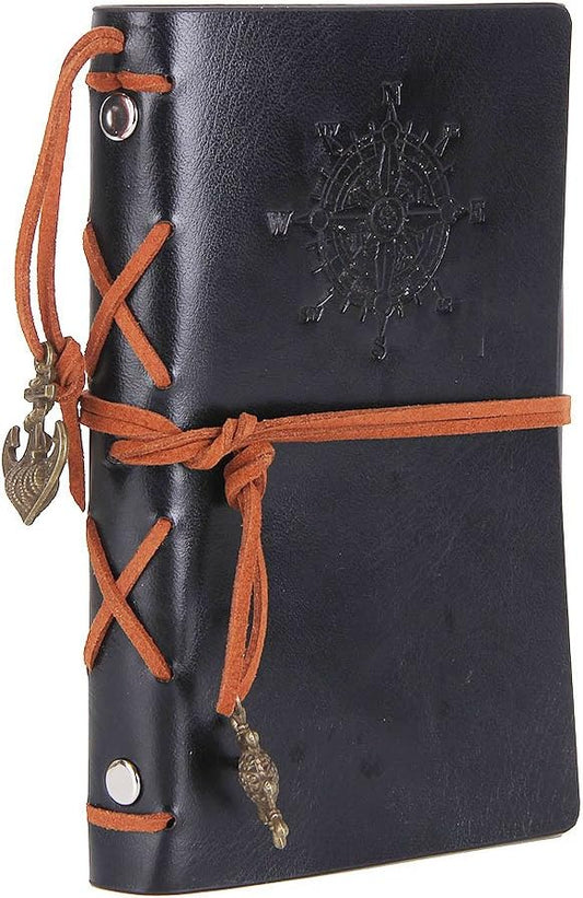 EvZ Leather Writing Journal Notebook, 7 Inches Vintage Nautical Spiral Blank String Diary Notepad Sketchbook Travel to Write in, Unlined Paper, Retro Pendants, Classic Embossed, Black