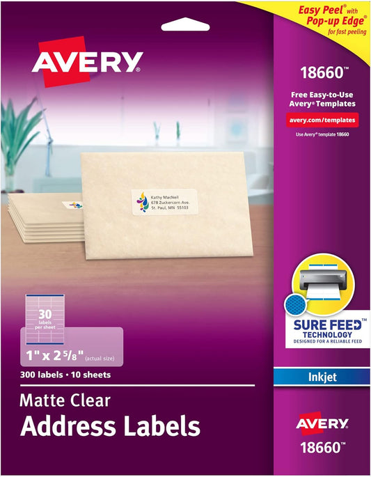 Avery Matte Clear Address Labels, Sure Feed Technology, Inkjet, 1" x 2-5/8", 300 Labels, 5 Packs (18660)