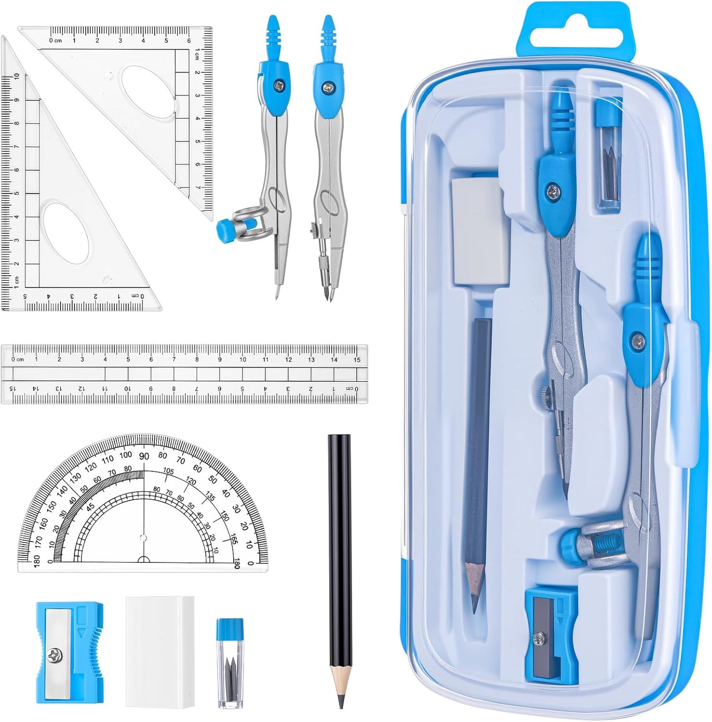 Zonon Math Geometry Set 10 Pcs Student Supplies with Shatterproof Storage Box, Includes Rulers Protractor Compass Pencil Sharpener Lead Refills Eraser Pencil for Drafting and Drawings(Blue)
