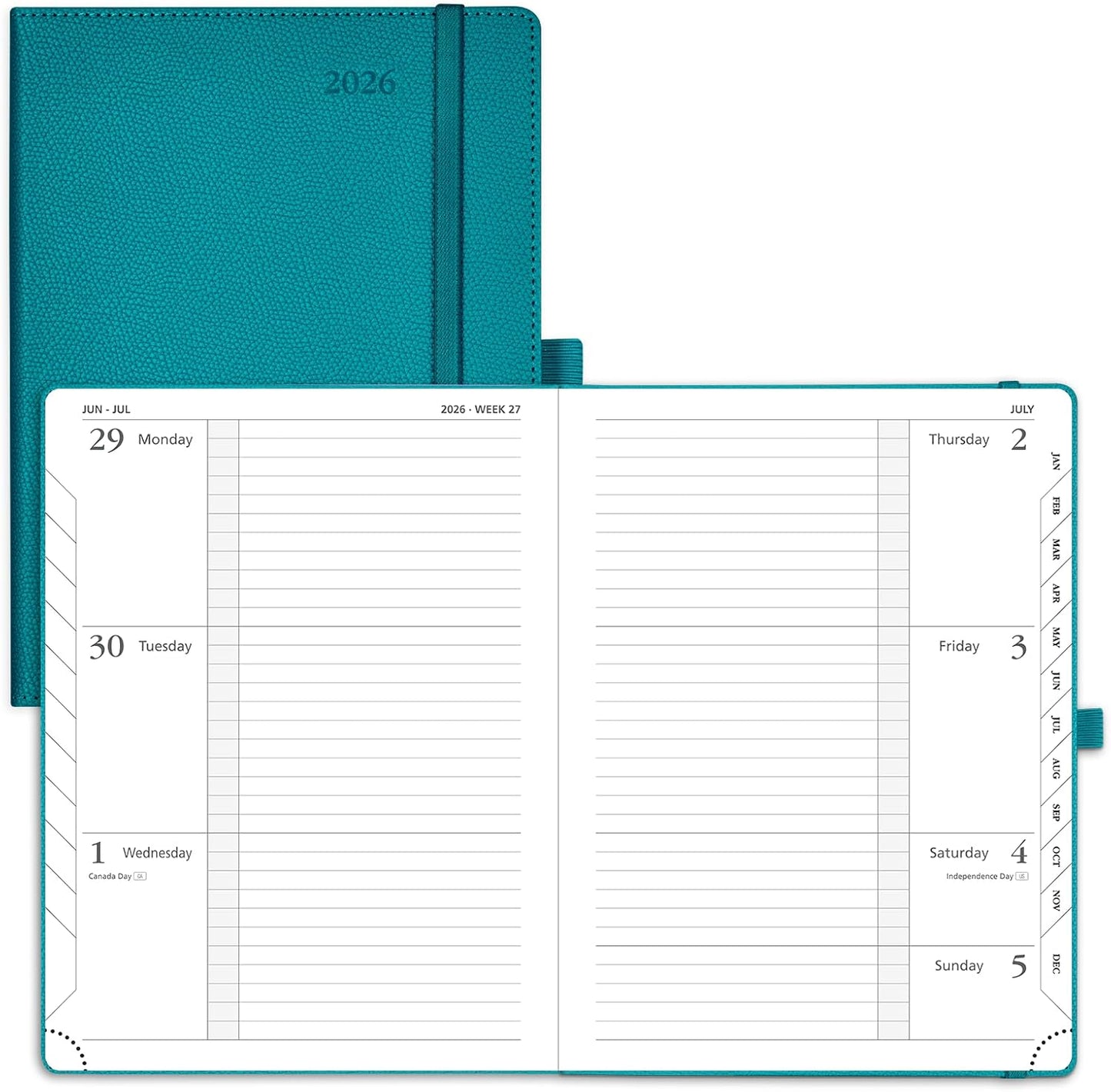 POPRUN Weekly Planner 2026 Calendar (Medium 6.75" x 8.75") 12 Months Notebook with Horizontal Layout, Leather Hardcover, Inner Pocket, 100GSM Thick Paper, Pen Holder - Pacific Green