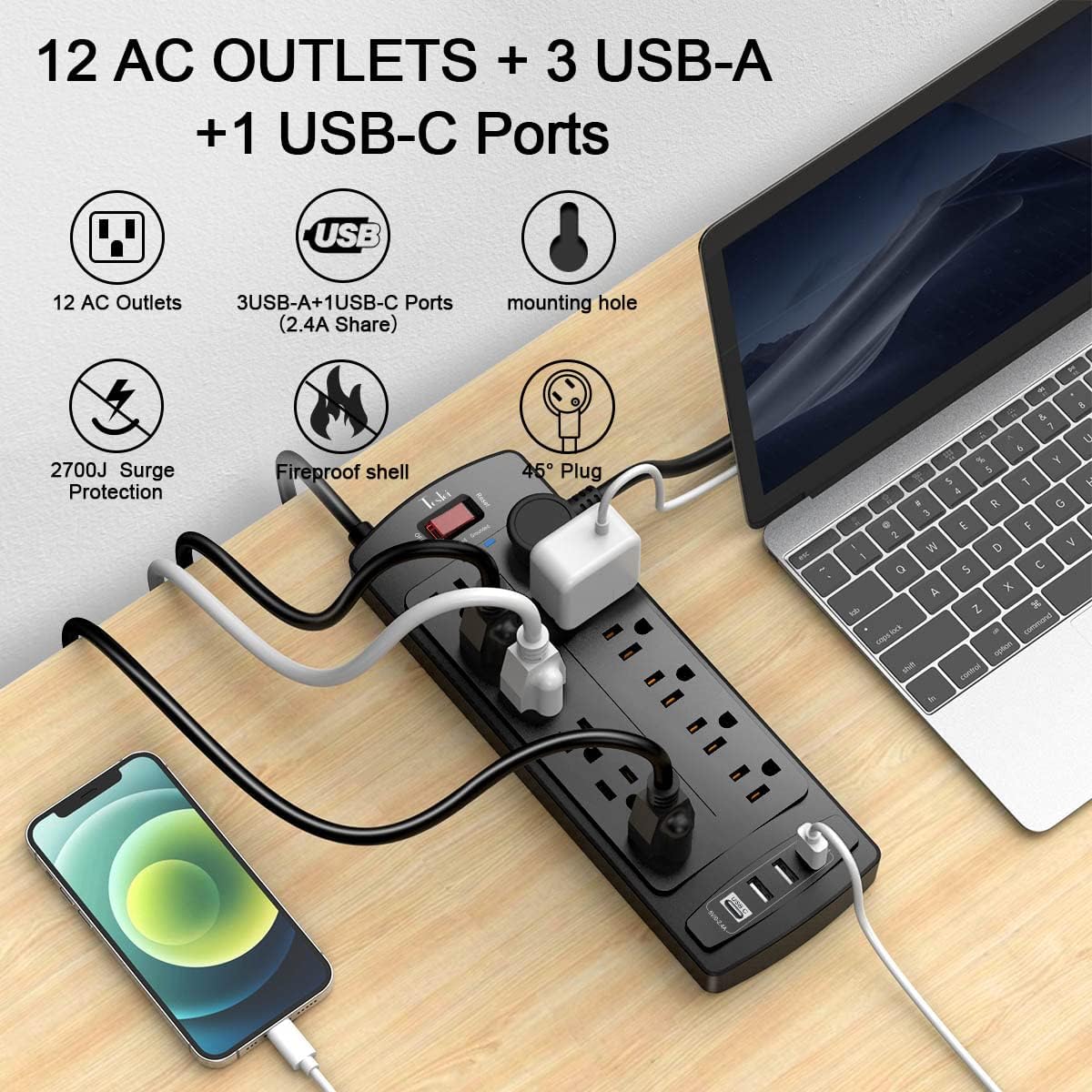 Power Strip, Tcstei Surge Protector with 12 Outlets and 4 USB Ports, 6 Feet Extension Cord (1875W/15A) for for Home, Office, Dorm Essentials, 2700 Joules, ETL Listed, (Black)