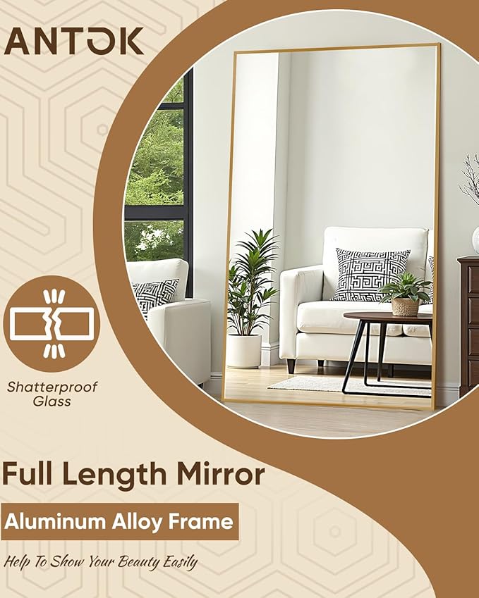 Antok Full Length Mirror, 76"x44" Floor Mirror, Floor Standing Freestanding Full Body Mirror with Stand for Bedroom, Hanging Mounted for Living Room Cloakroom, Gold