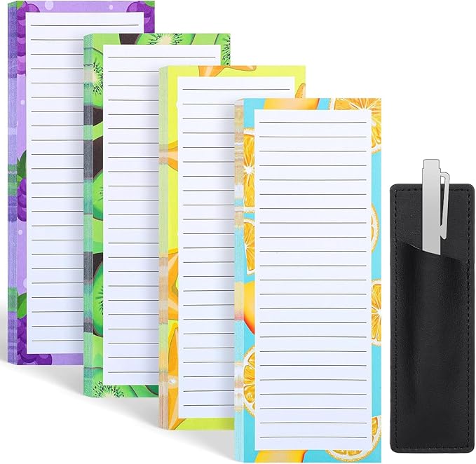 4 Pack Magnetic Note Pad for Fridge with Pen Holder, Totally 200 Sheets Grocery List Magnet Pad for Refrigerator Magnetic Shopping List Pad（Fruit Design）