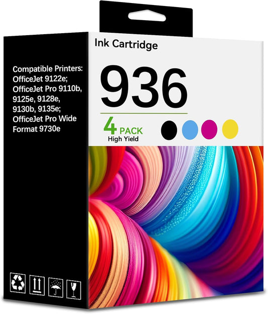 936 936e Extra High Capacity Ink Cartridges for HP 936 936e 936XL Ink Work with OfficeJet Pro 9110b 9128 9130b 9125e 9135e 9122e 9730e Printers (4-Pack Black Cyan Magenta Yellow)