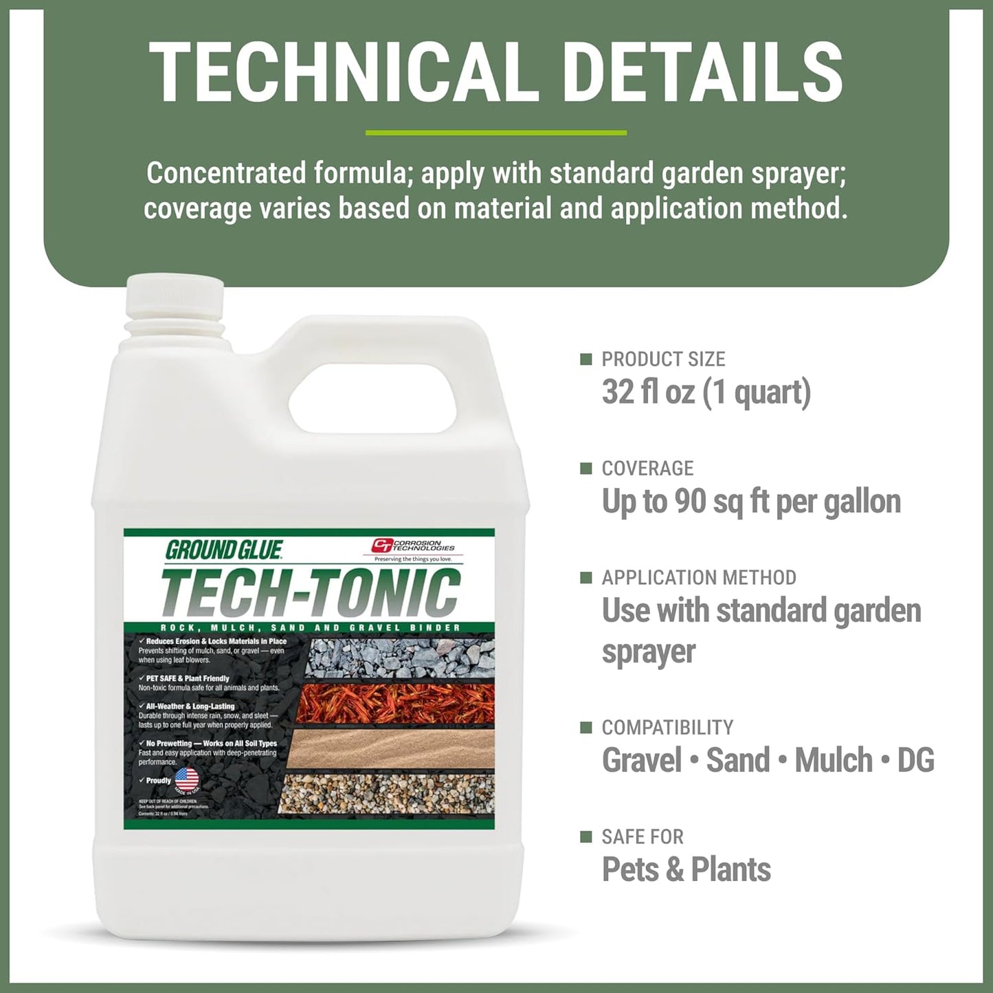 Ground Glue Tech-Tonic Landscape Adhesive for Rock, Mulch, and Sand, Weatherproof Long-Lasting Stabilizer for Trails & Slopes, Pet-Safe Binder for Pea Gravel, Bark & Flower Beds, 32 Fl. Oz.