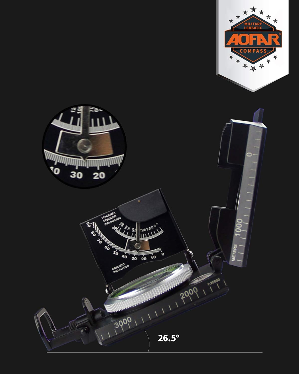 AOFAR AF-4074 Military Compass for Hiking,Lensatic Sighting Waterproof,Durable,Inclinometer for Camping,Boy Scount,Geology Activities Boating