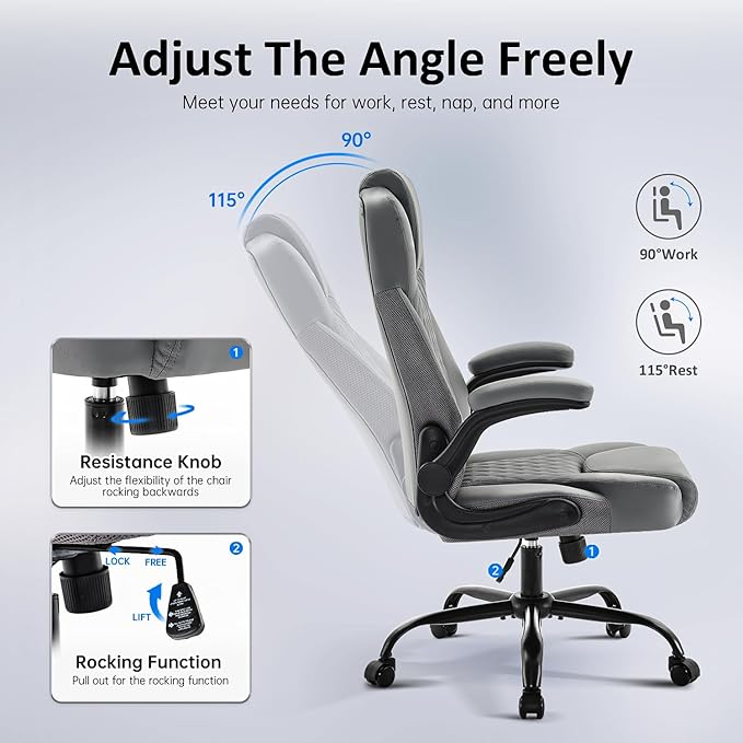 Office Chair, Executive Leather Chair Home Office Desk Chairs, Ergonomic Computer Desk Chair with Adjustable Flip-Up Arms, Lumbar Support Swivel Task Chair with Rocking Function (Gray)