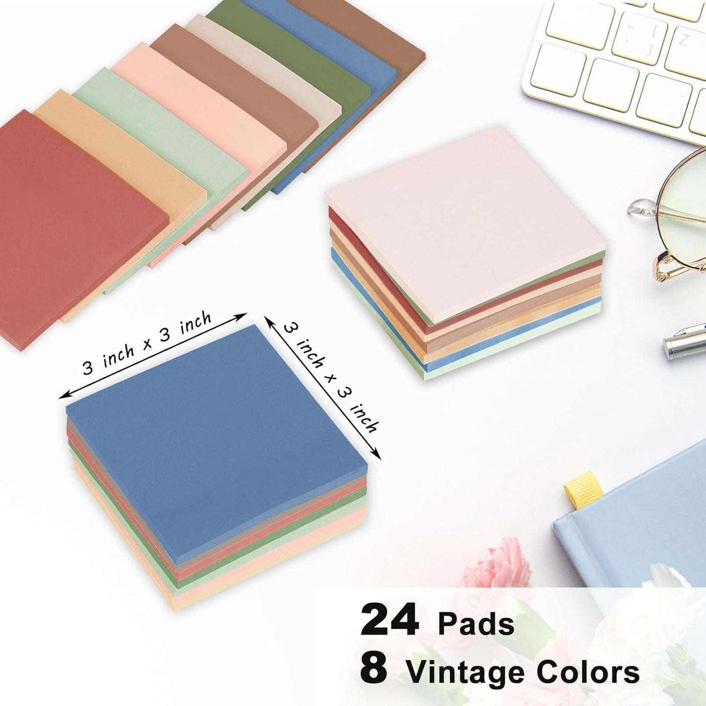 (24 Pack) Sticky Notes 3x3 in., Sticky Note Pads, Vintage Colors Self-Stick Notes Pads, Strong Adhesive, Recyclable, Easy to Post for Home, Office, Notebook