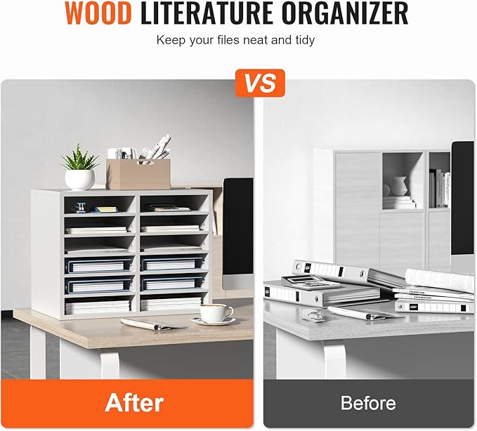 VEVOR Literature Organizers, 12 Compartments Office Mailbox with Adjustable Shelves, Wood Literature Sorter 20.4x12x16.1 inches for Office, Home, Classroom, Mailrooms Organization, EPA Certified White