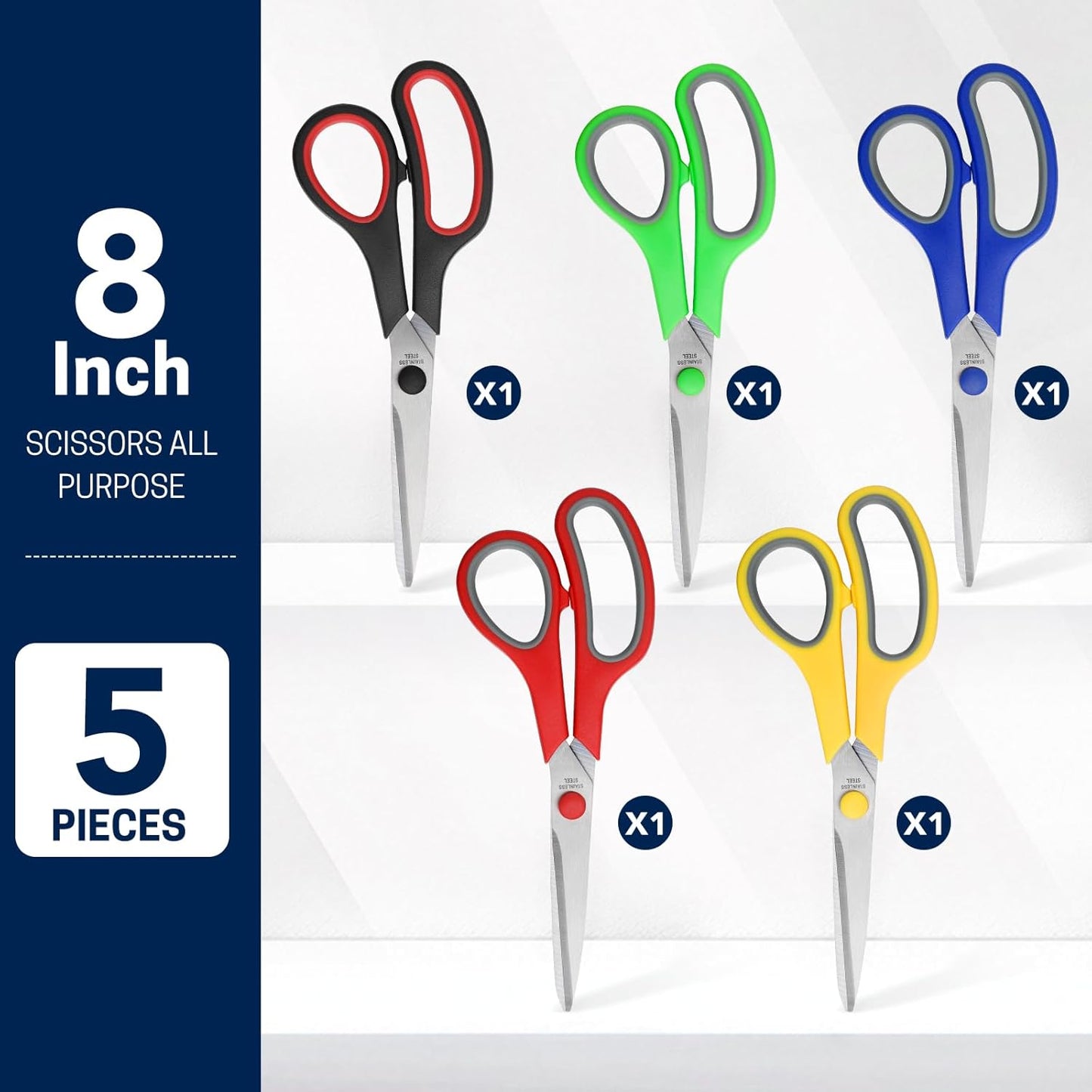 5-Pack, 8" Scissors All Purpose Comfort-Grip Handles Sharp Scissors for Office Home School Craft Sewing Fabric Supplies, High/Middle School Student Teacher Scissor, Right/Left Handed