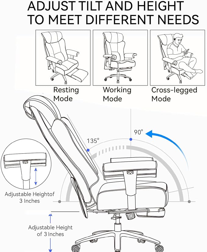 Efomao Big and Tall Ergonomic Office Chair 450LBS with Foot Rest, High Back PU Leather Executive Chair with Adjustable Padded Armrests, Lumbar Support for Home or Work, Heavy Duty Computer Chair, Pink