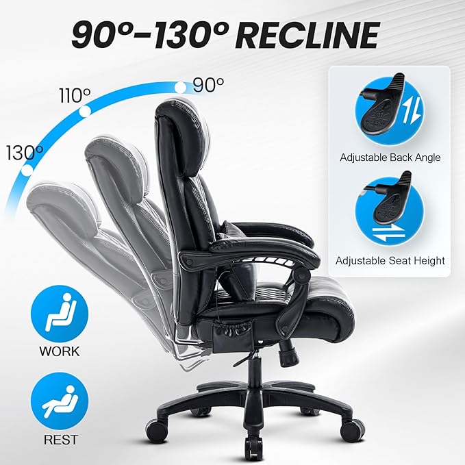 Lumbar Massage Office Chair, 500LBS Big and Tall Office Chair, Heavy Duty Ergonomic Executive Reclining Chair with High Back and Lumbar Support, Black