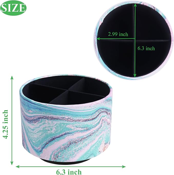 Round Leather Art Supply Organizer,Remote Control Holder,360-degree Rotating Pen Organizer with 4 Compartments(1-Pink Green Splash Ink)