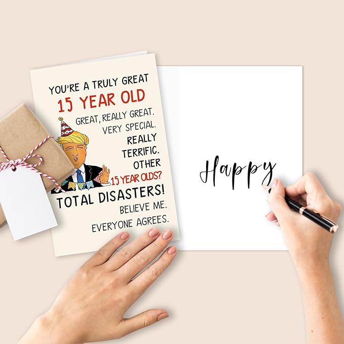Funny Trump 15th Birthday Card for Him Her, Happy 15th Birthday Decorations for Girls Boys, Humor 15 Years Old Birthday Card Gifts for Daughter Son Niece Nephew