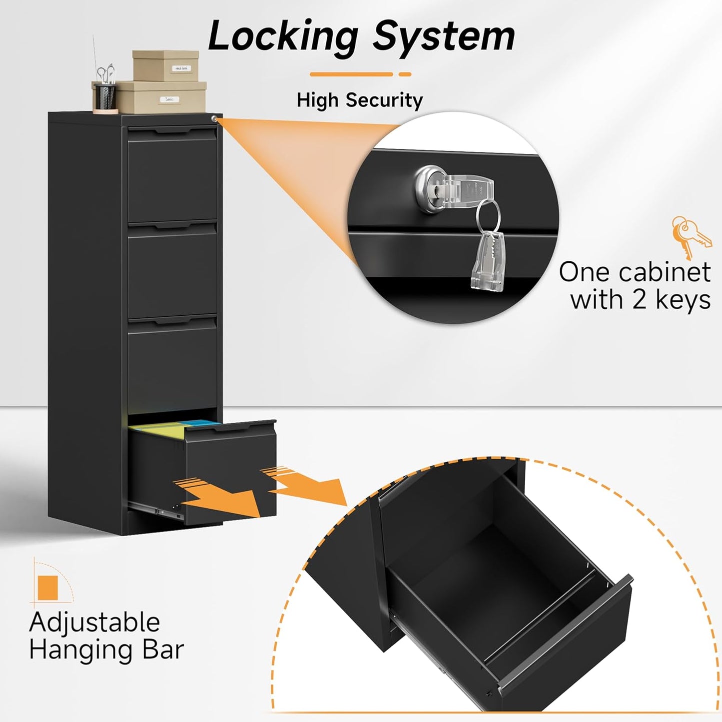 4 Drawer File Cabinet, 17.8" D Metal Filing Cabinets with Lock, Vertical Filing Cabinet for Home Office, Steel File for Letter/Legal/A4/F4 Size, Easy Assemble (Black)