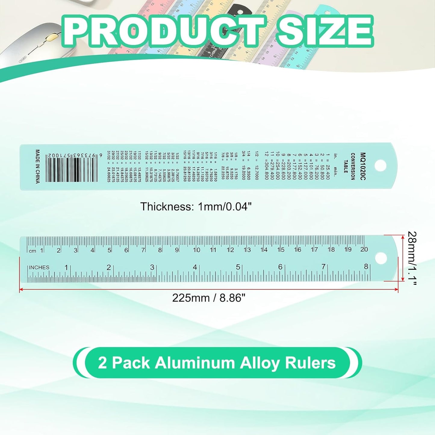 PATIKIL 20cm/8" Metal Ruler, 2 Pack Aluminum Alloy Rulers with Centimeters, Millimeters, Inches and Conversion Table Straight Edge Ruler for Writing Machinist Drafting, Blue Green