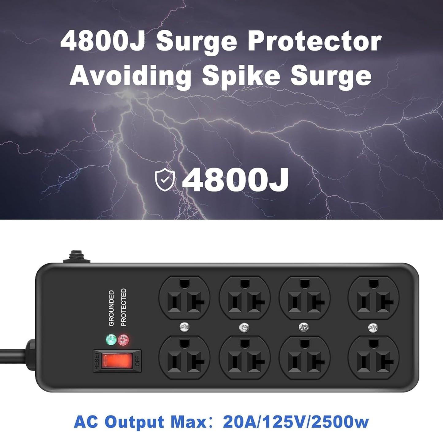 20Amp Power Strip Surge Protector, Durable Metal 8-Outlet with Heavy Duty 20 Amp 10Ft 12 Gauge Extension Cord, for Garage, Workshop & Industrial Use with 6-20R T-Slot Outlets, 4800J