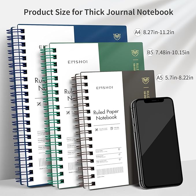 EMSHOI B5 Spiral Notebook College Ruled Lined Journal, Large 7.48" X 10.15", 300 Pages/150 Sheets, 100gsm Thick Paper, Waterproof Hardcover, for Office School Women Men Work Writing Notes, Coffee