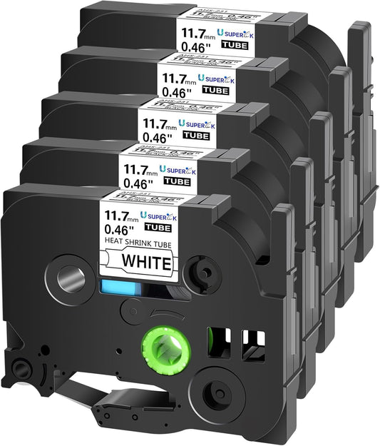 SuperInk 5 Pack Compatible for Brother Ptouch HSe-231 HSe231 HS-231 HS231 0.46 1/2'' 11.7mm Black on White Heat Shrink Tube Label Tape use in PT-D210 PT-D400 PT-E300 PT-E500 PT-P750WVP Label Maker