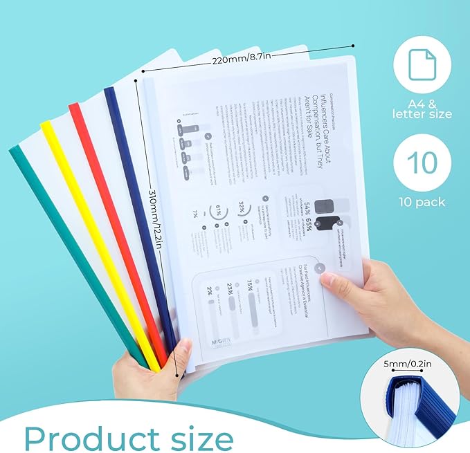 M&G 10 Pack Report Covers with Sliding Bar, 5mm Clear Report Covers for A4 and Letter Size Paper, 35 Sheet Capacity, Presentation File Folder Document Binder for School Office (Colored Sliding Bar)
