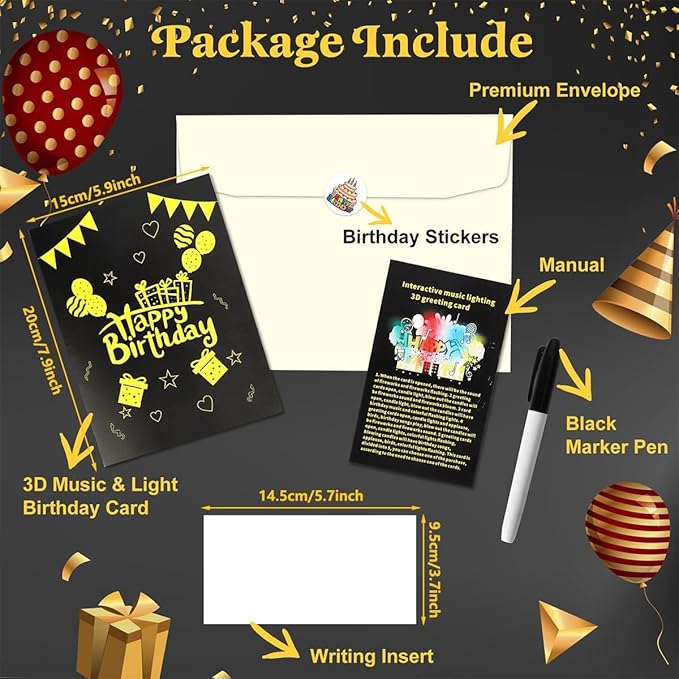 Elegant 3D Pop-Up Birthday Card with LED Lights – Blowable Candle & Music Greeting Card for Women, Mom, Daughter Black Gold