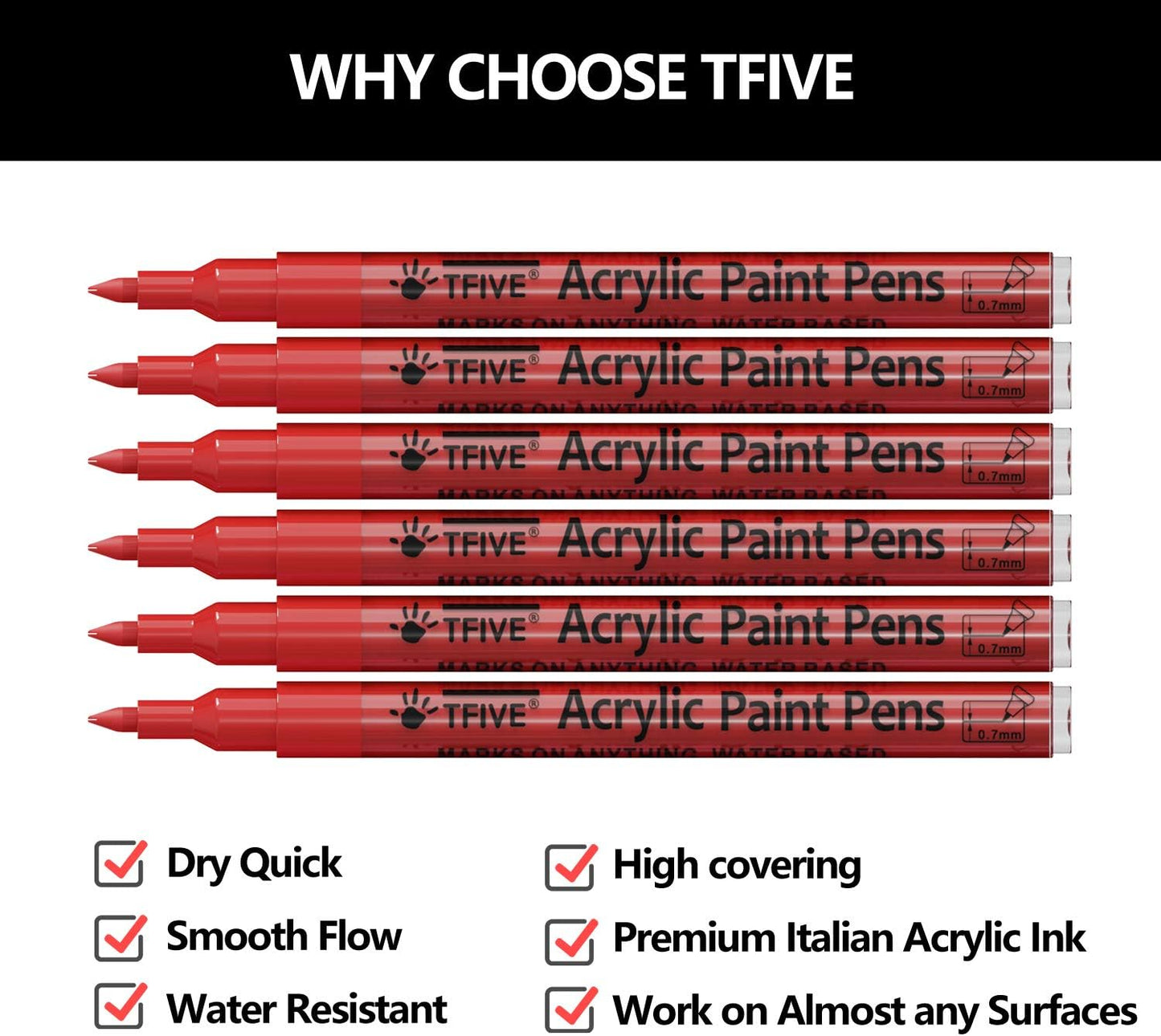 Red Marker Paint Pens - 6 Pack Acrylic Red Permanent Marker, 0.7mm Extra Fine Tip Paint Pen for Art projects, Drawing, Rock Painting, Stone, Ceramic, Glass, Wood, Plastic, Metal, Canvas DIY Crafts