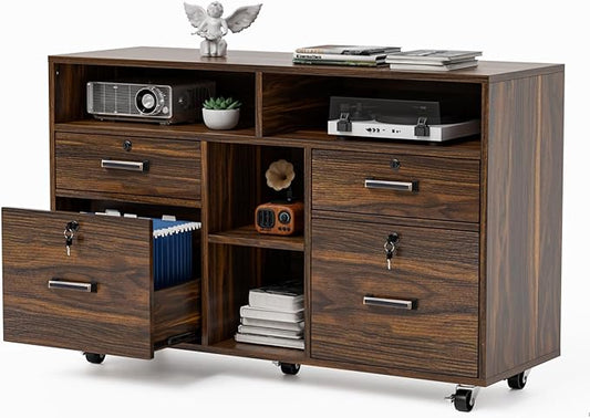 VINGLI Dark Brown Wood Lateral File Cabinet with Lock, 4 Drawer & 4 Open Shelves, Rolling File Cabinet for Home Office, Letter Sized