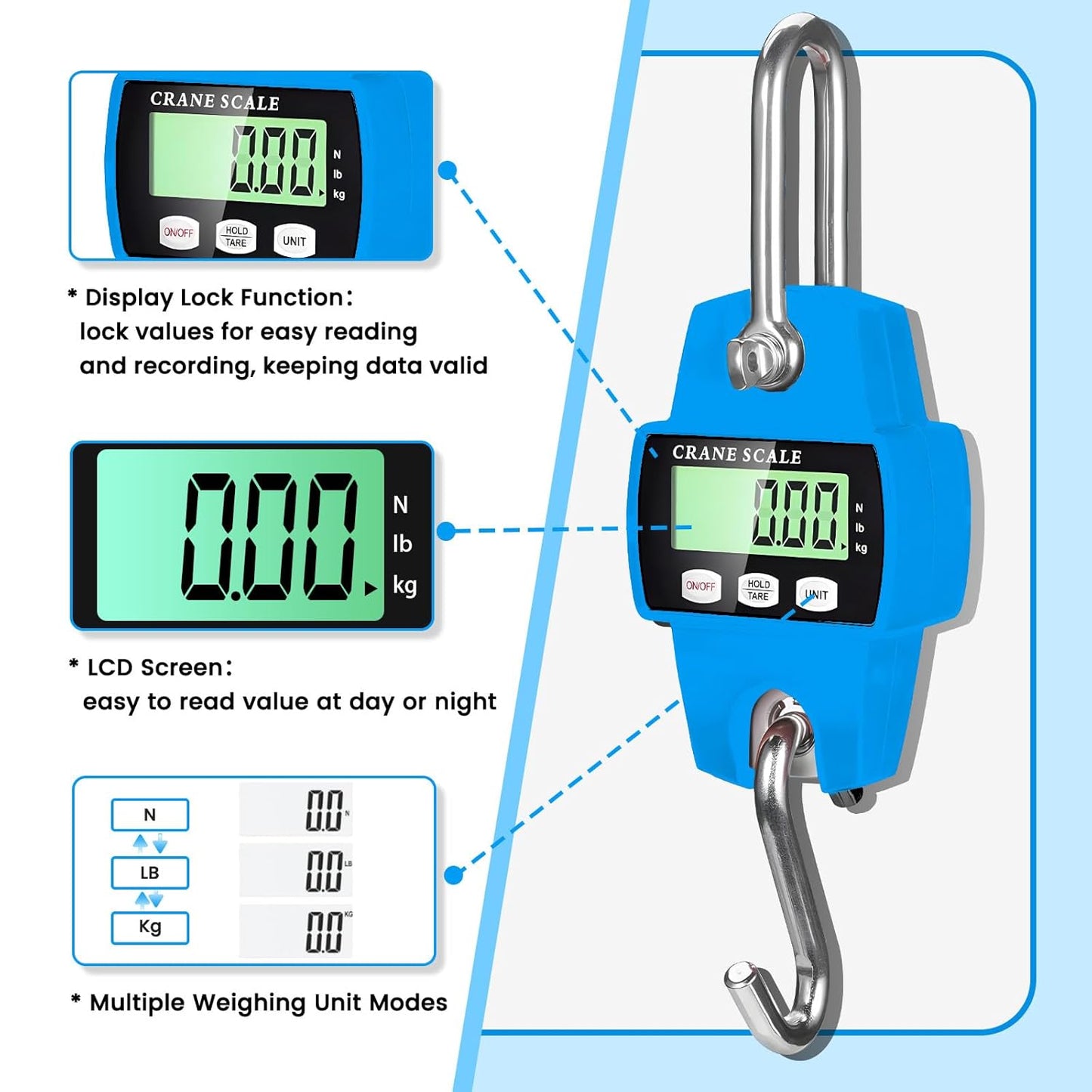 Digital Hanging Scale, 1102lb Crane Scale, 500kg Blue Digital Electronic Weighing Scale with LCD Display for Hunting, Outdoor, Bass Fishing, Big Game, Farm