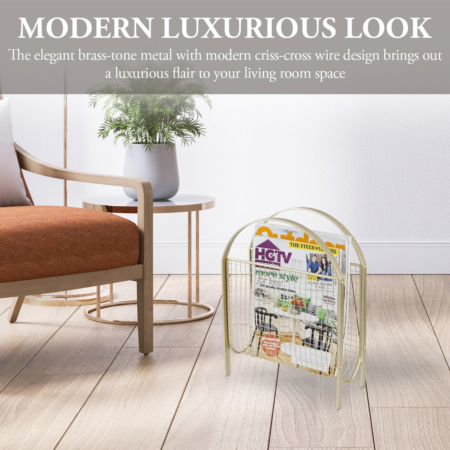 MyGift Mid-Century Design Magazine Rack, Matte Black Tone Metal Mesh Freestanding Magazine Organizer Holder Sling (Brass)