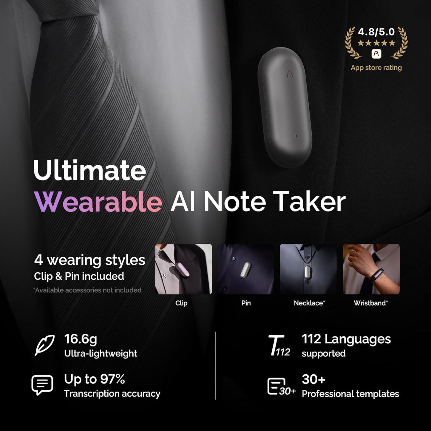 NotePin Voice Recorder, AI Voice Recorder, App Control, AI Notetaker, AI Transcribe & Summarize, Support 112 Languages, 64GB Memory, Audio Recorder for Lectures, Meetings, Cosmic Gray