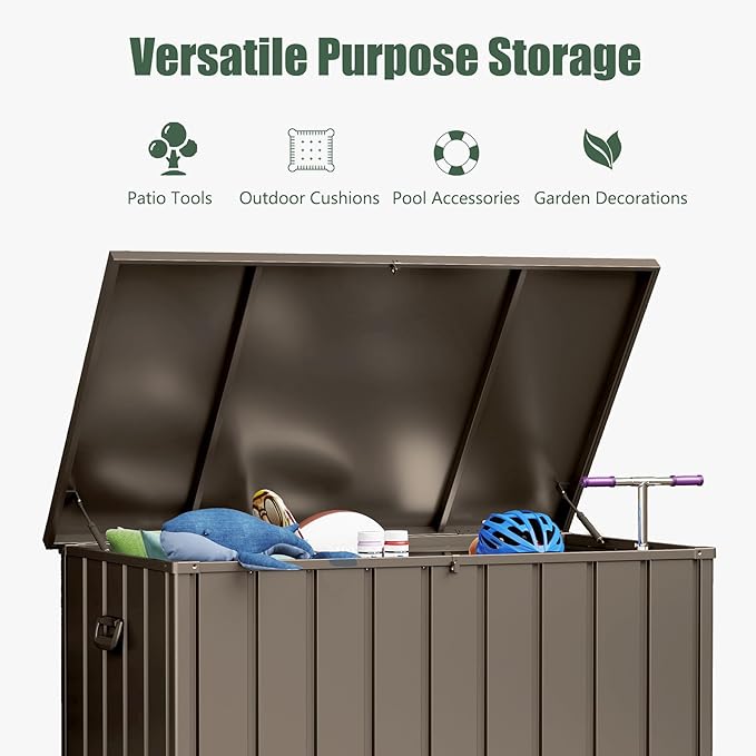 Domi Deck Box 160 Gallon, Waterproof Lockable Steel Outdoor Storage Container for Outside Cushions, Garden Tools and Pools Equipment, Brown