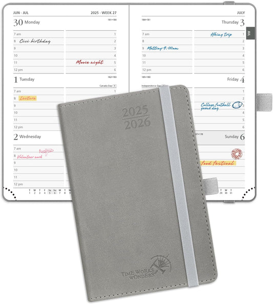 POPRUN Pocket Planner 2025-2026 (Purse Size 4'' x 6.25'') Academic Small Calendar (July 2025 - June 2026) with Hourly Time Slots, 100GSM Thick Papers, Leather Soft Cover - Grey
