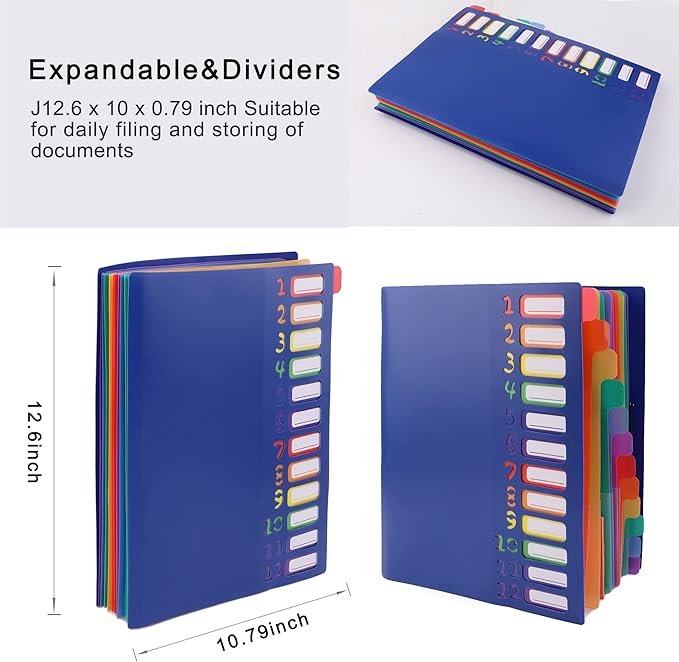 Rainbow Tab Expanding File Folder - 24 Pockets, Durable A4 Letter Size Organizer, Water-Resistant Plastic Dividers, Home/Office/School Document Holder (Blue)