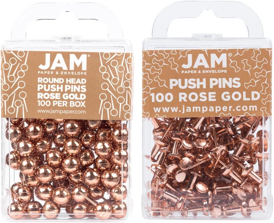 JAM PAPER Colorful Push Pins - Flat & Round Head Thumb Tack Combo Set - Rose Gold Pushpins - 200/Pack