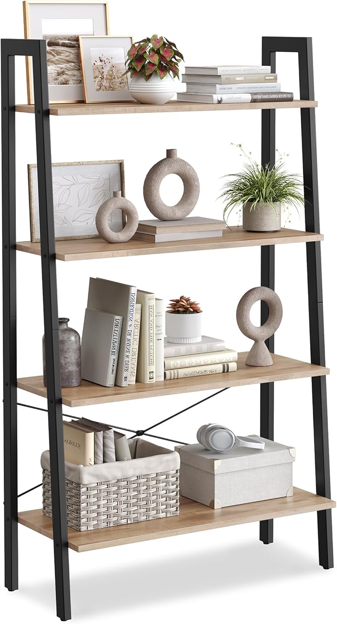 VASAGLE Ladder Shelf, 4-Tier Bookshelf, Storage Rack, Bookcase with Steel Frame, for Living Room, Home Office, Kitchen, Bedroom, Industrial Style, Camel Brown and Ink Black ULLS144B50