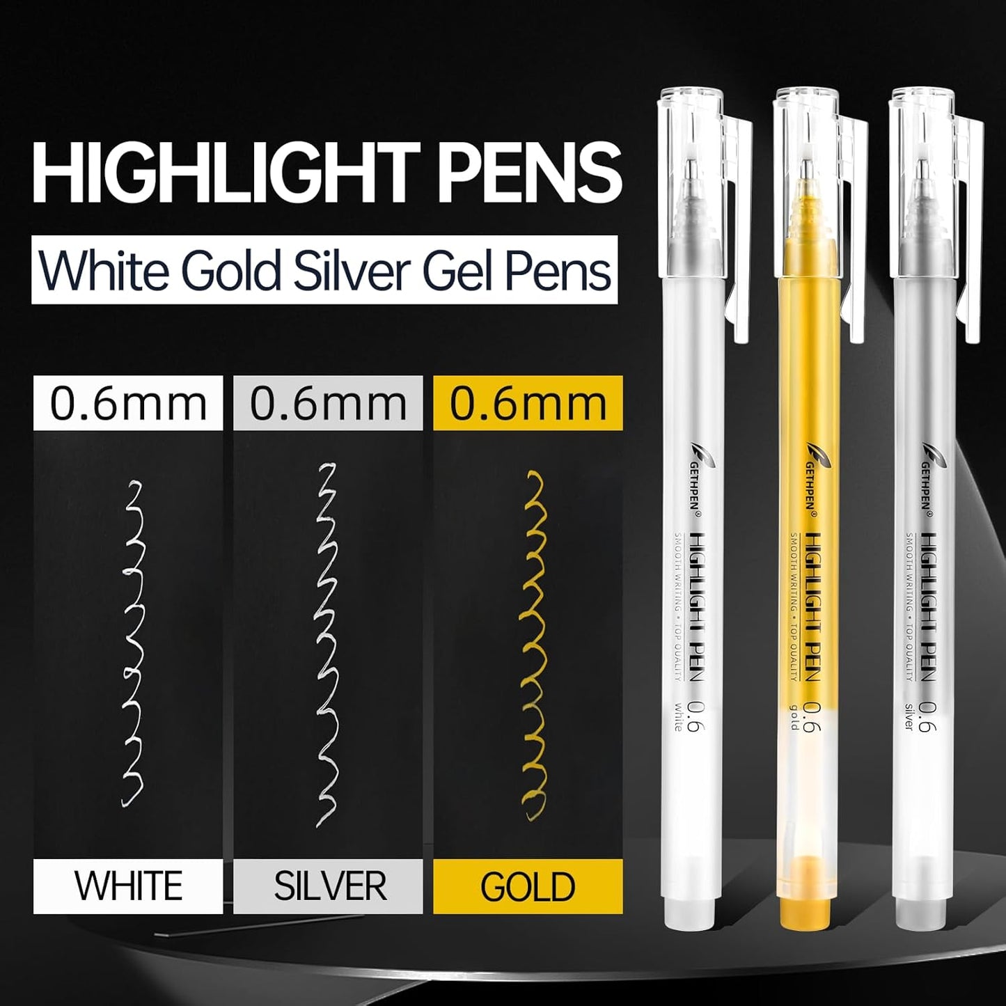 0.6mm Fine Point Gold Gel Pens, 3-Pack for Artists Drawing on Black Paper, Sketching, Adult Coloring Books & Holiday Crafts