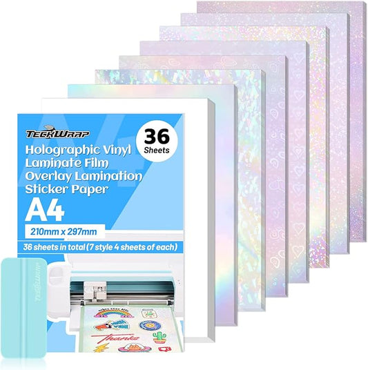 TECKWRAP Holographic Sticker Paper Clear Overlay Laminating Sheets Matte White Inkjet Printable Vinyl 8.26" x 11.69" A4 Size 36 sheets/Pack Laminate Sticker Film for Craft, Scrapbooking, Craft Cutters