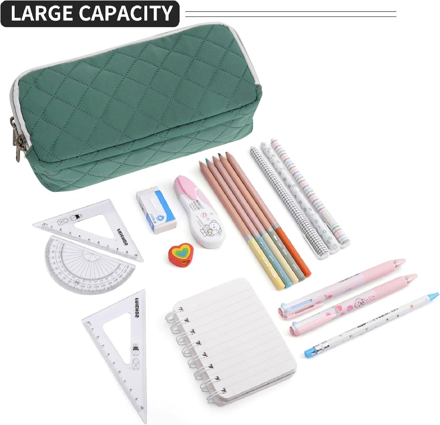 Della Gao Pencil Case Large Capacity Pencil Pouch Soft Quilted Pen Bag Office Stationery Organizer Sturdy Pencil Bag for Men Women - Dark Green