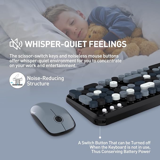 FOPETT 2.4GHz Wireless Keyboard and Mouse Set with Switch Button - Full-Size Keyboard - Compatible for Windows/Laptop/PC/Notebook/Smart TV and More - Grey Colorful
