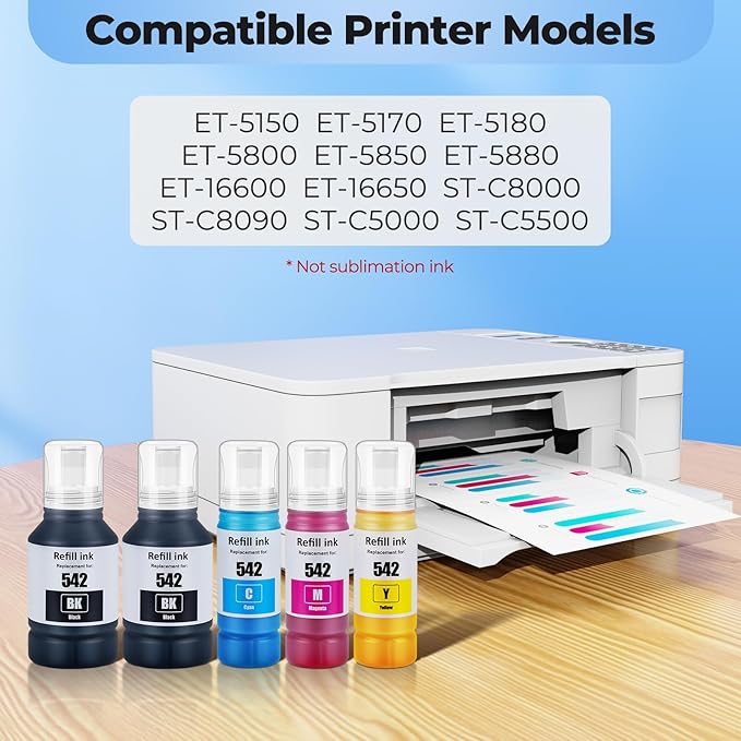 542 Ink Bottle ET-5150 ET-5170 ET-5180 ET-5850 Replacement for 542 Ink Refill Bottle for Ecotank Pro ET-16650 ET-5880 ET-5800 ET-16600 5800 5880 Printer, 5 Pack