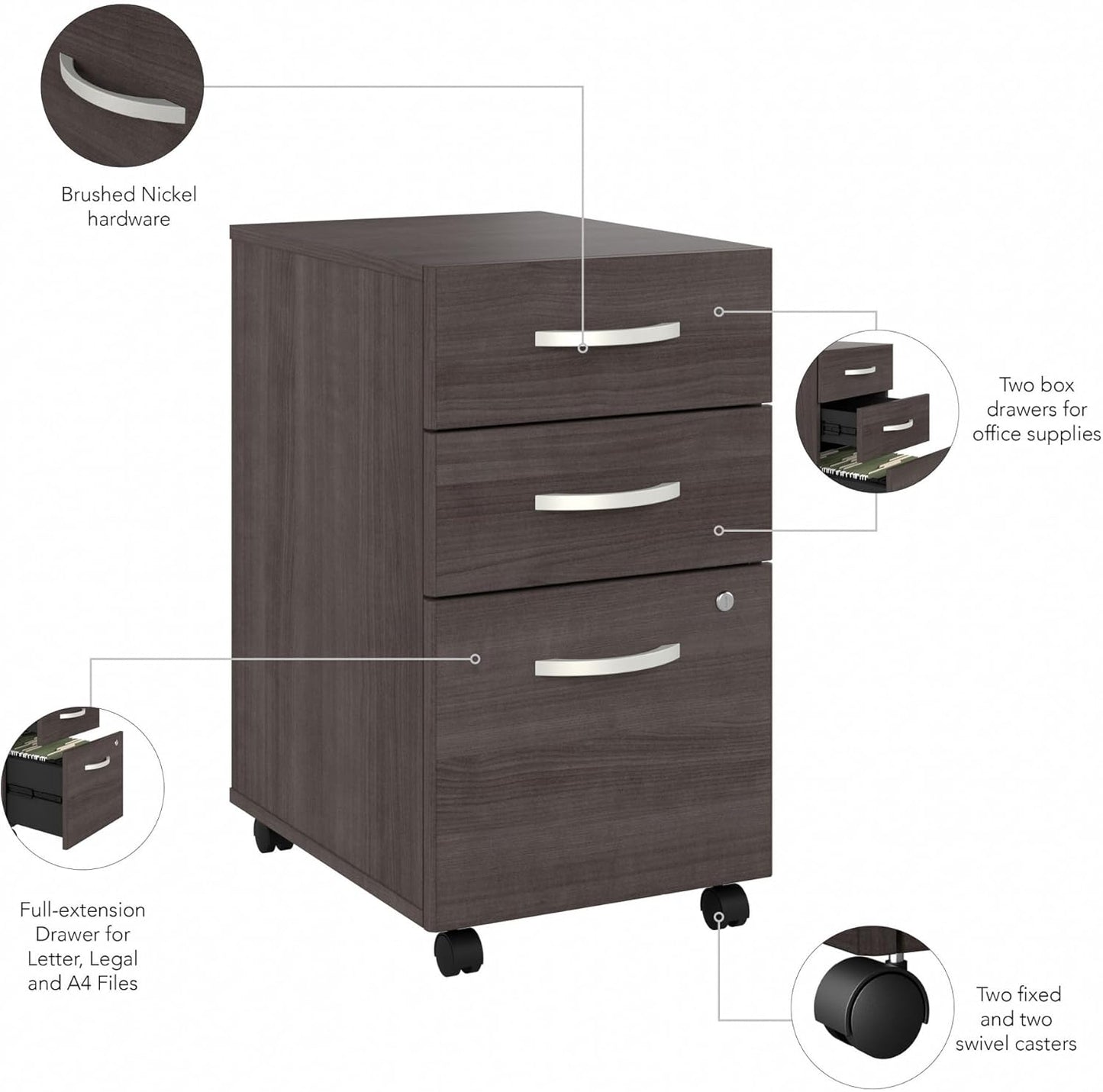 Bush Business Furniture Studio C 3 Drawer Mobile File Cabinet-Assembled, Rolling Document Storage for Home or Professional Office, 16W, Storm Gray